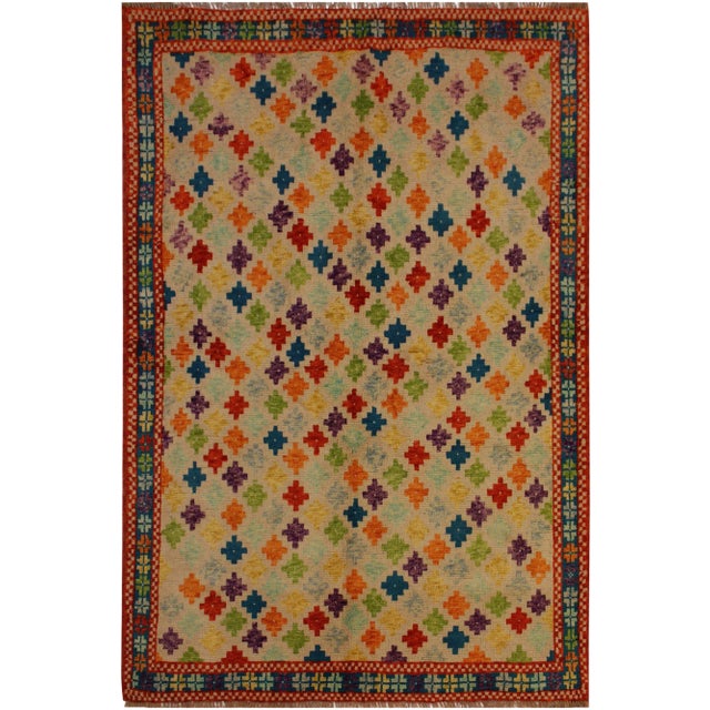1990s Shabby Chic 1990s Beige/Teal Wool Rug - 5′ × 6′6″ For Sale