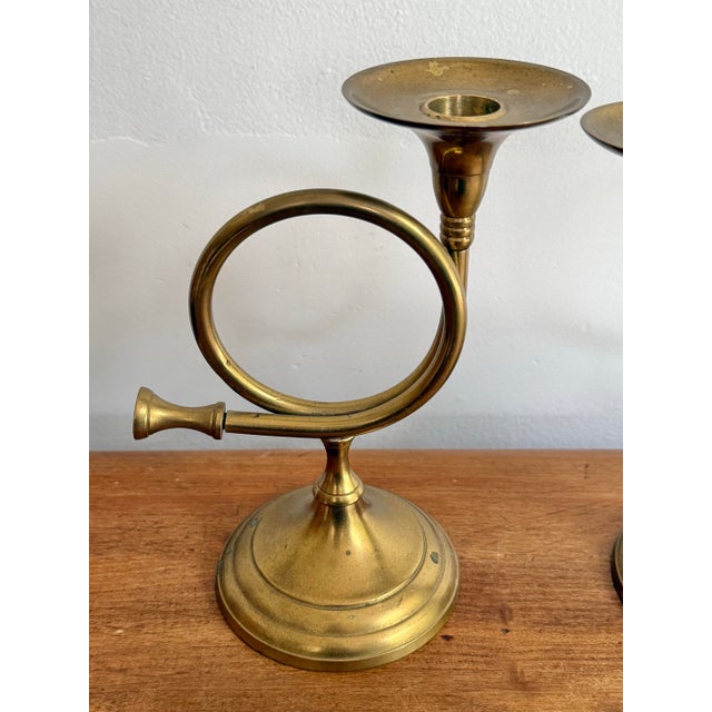 English Brass French Horn Candlestick Holders, a Pair For Sale - Image 3 of 8