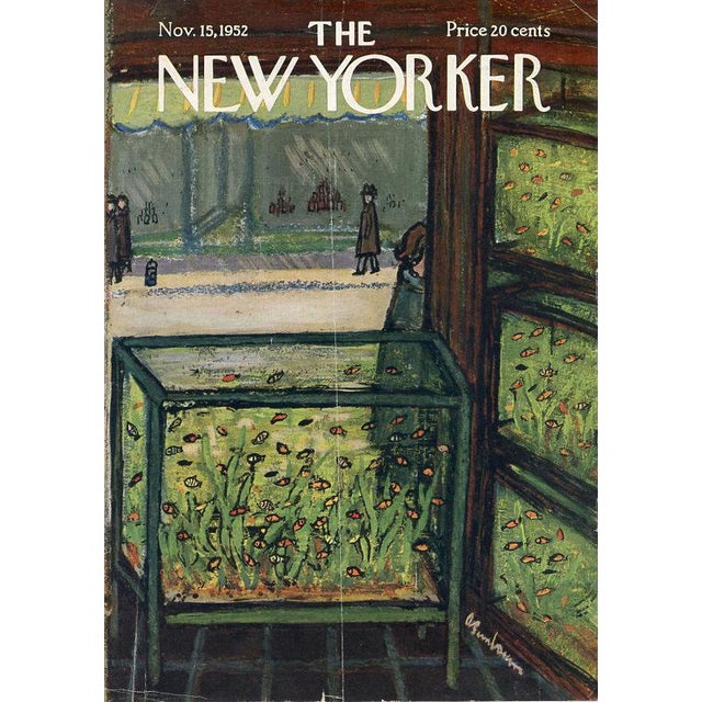 Original vintage New Yorker magazine cover dated November 15, 1952 featuring a Pet Shop theme. Based on an illustration by...
