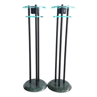 1980s Milano Series Green Marble & Glass Postmodern Candlestick Holders With Black Metal Rods Set of Two For Sale