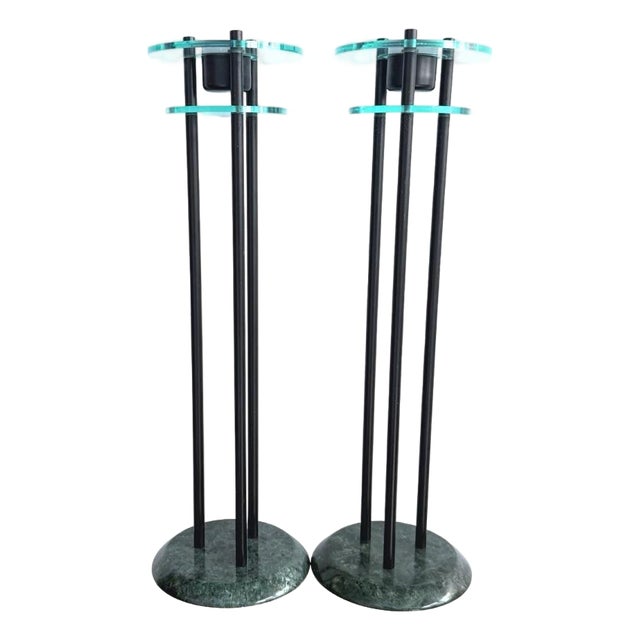 1980s Milano Series Green Marble & Glass Postmodern Candlestick Holders With Black Metal Rods Set of Two For Sale