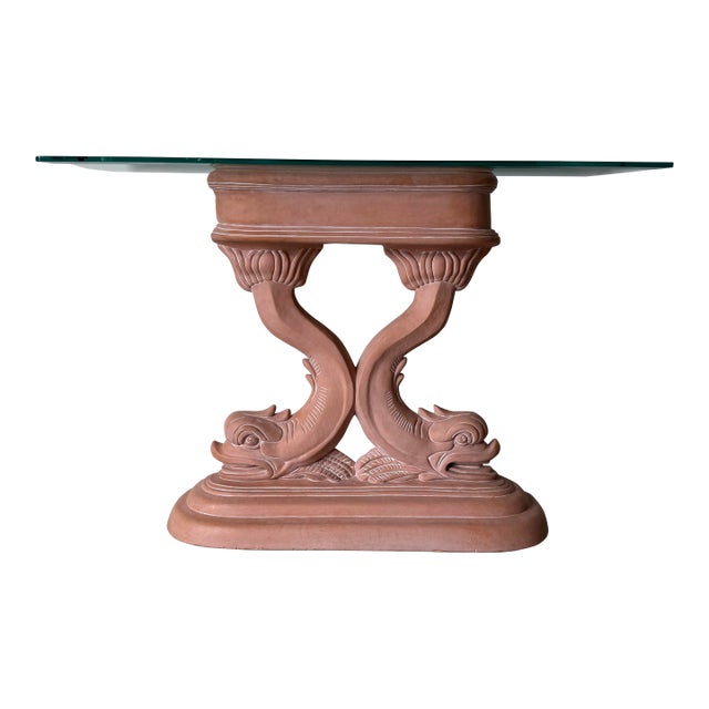 Hollywood Regency Palm Beach-Style Console Table With Carved Dolphin Base and Glass Top For Sale