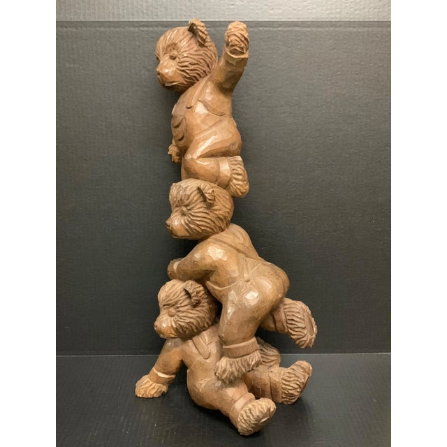 Vintage Carved Solid Wood Three Acrobatic Teddy Bear Sculpture For Sale In New York - Image 6 of 11