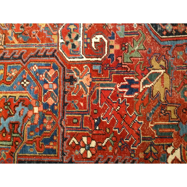 Antique Persian Heriz Karajah Rug, Hand-Knotted Wool, Geometric Medallion Pattern, Brick-Red & Navy, 9x12 For Sale - Image 15 of 17