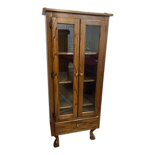 Late 20th Century Vintage Oak Glass Doors Cabinet With Claw Feets For Sale