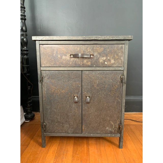 Metal Industrial Leather and Metal Nightstands - a Pair For Sale - Image 7 of 9