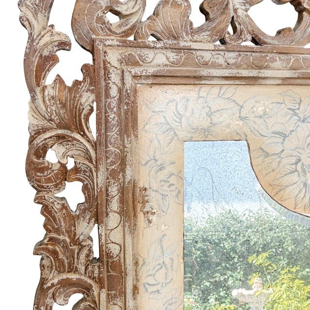 Grand Venetian Style Wood Carved Floor or Wall Architectural Mirror in Distressed Whitewash For Sale - Image 4 of 8