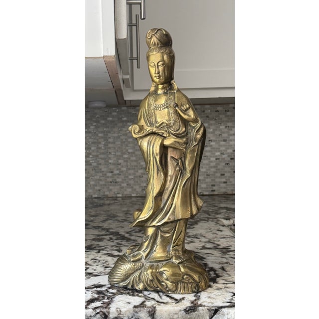 Vintage Cast Brass Guanyin Figure on Fish and Wave Base For Sale - Image 9 of 9