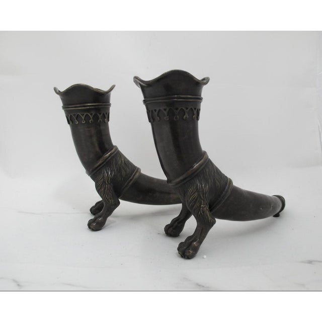 Early 20th Century Decorative Bronze Lion Foot Drinking Horn Rhyton Vase Cornucopia Vessel Pair For Sale - Image 5 of 14
