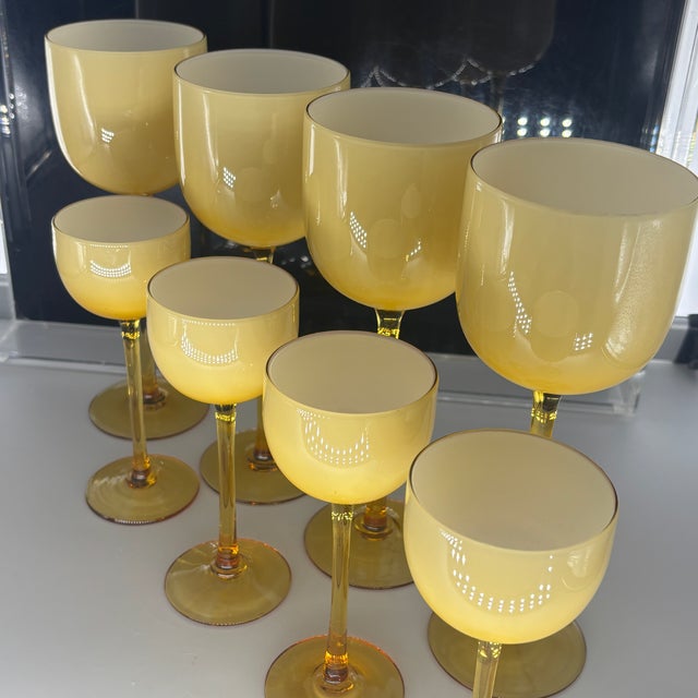 1970s 1970s Carlo Moretti Murano Style Cased Glass Stemware – Set of 8 Amber & White Wine and Water Goblets For Sale - Image 5 of 9