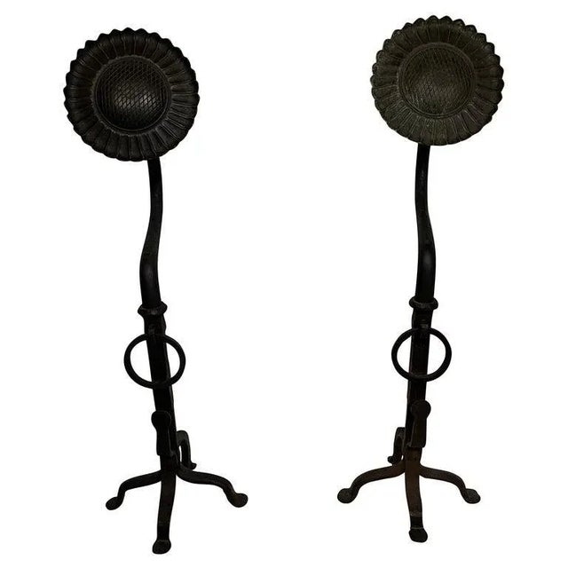 20th Century Oversized Hand Forged Black Wrought Iron Sunflower Andirons - A Pair For Sale - Image 10 of 10