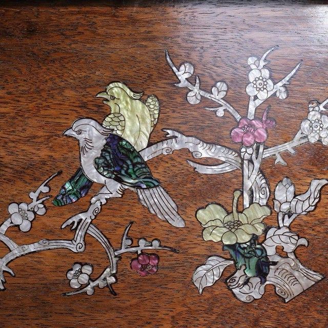 Brown Vintage Hardwood Tray With Mother-of-Pearl Bird and Floral Inlay For Sale - Image 8 of 9