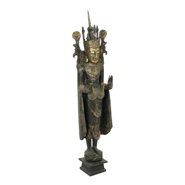 Very Large Weathered Gilded Wood Statue of Buddha, Burma For Sale