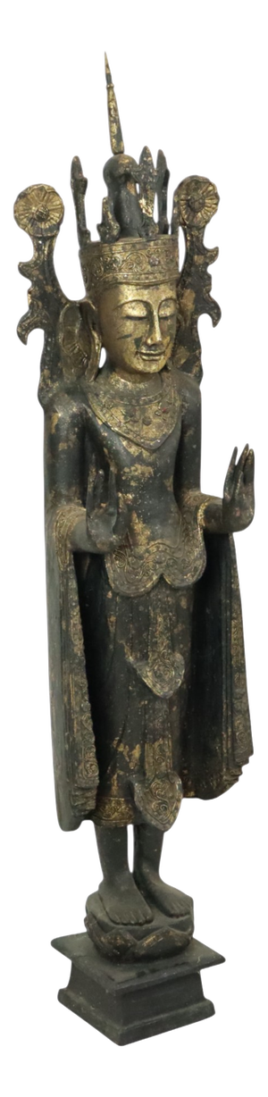 Very Large Weathered Gilded Wood Statue of Buddha, Burma