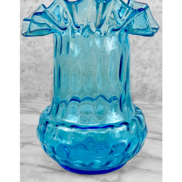 Glass Vintage Peacock Blue Ruffled Art Glass 8" Vase For Sale - Image 7 of 8