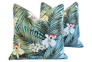 Summer Blue/Teal Tropical Orchid & Palm Feather/Down Pillows 24" Square - Pair