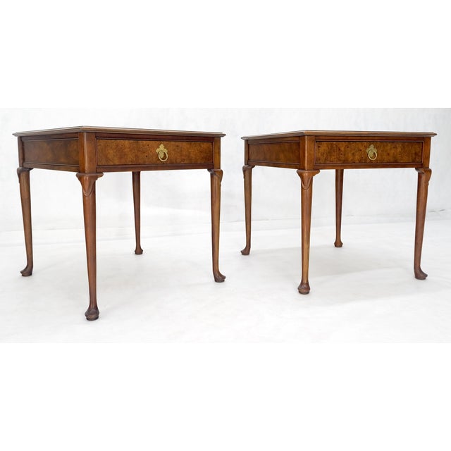 Baker Burl Wood Walnut Brass Drop Ring Pulls One Drawer Nightstands End Tables For Sale - Image 11 of 12