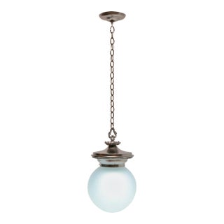 Antique Opaline Glass Globe and Cast Metal Hanging Pendant Light Fixture For Sale