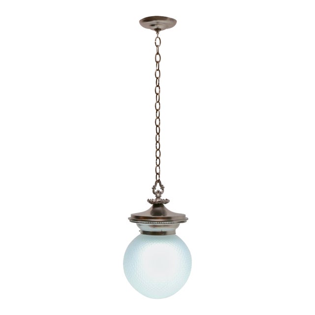 Antique Opaline Glass Globe and Cast Metal Hanging Pendant Light Fixture For Sale