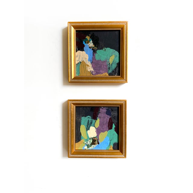 Four original mini paintings by Jessalin Beutler with two styles of matching gold frames. Artwork is mixed media on canvas...