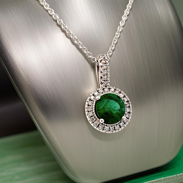 Natural Emerald Diamond Pendant Necklace 18" 14k W Gold 1.90 TCW Certified For Sale - Image 10 of 15
