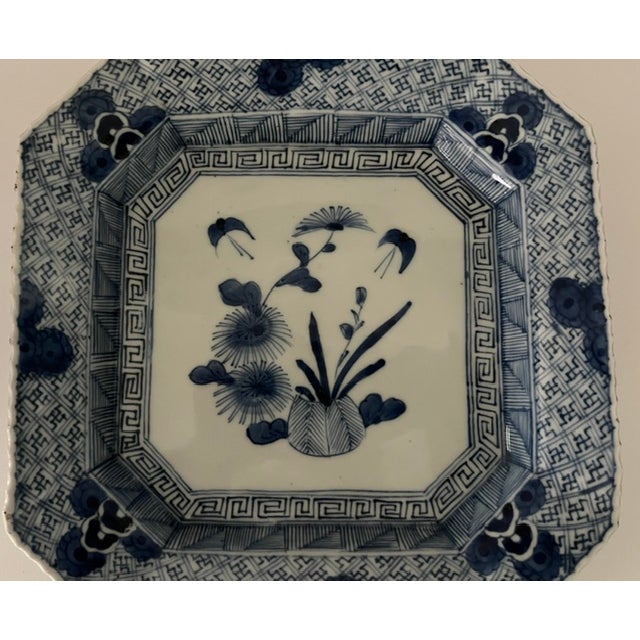 Antique Japanese Blue and White Octagonal Plate With Floral Design For Sale - Image 9 of 18