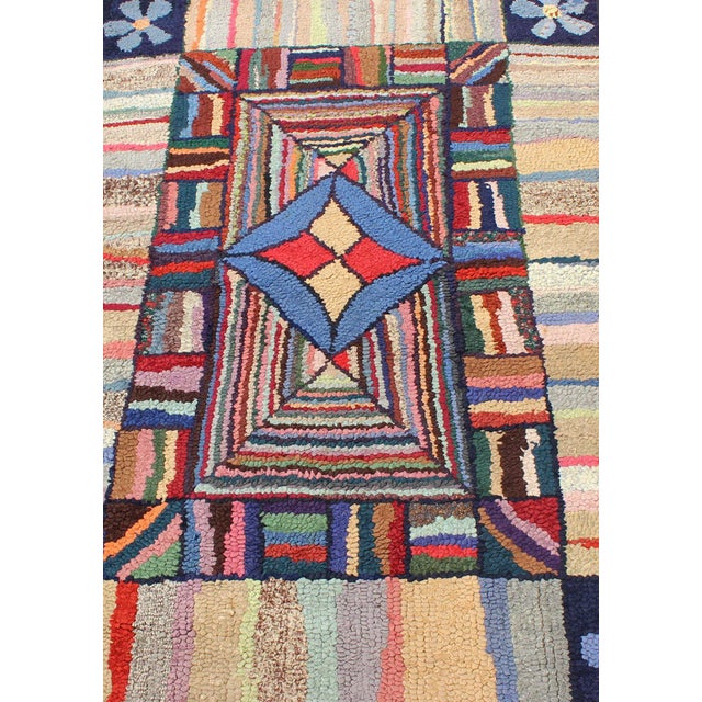 1920s Antique American Hooked Rug With Colorful Geometric Design With Striped Border For Sale - Image 5 of 9