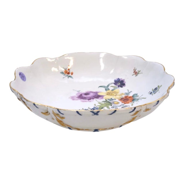 Late 19th Century Large Antique Meissen Floral Scalloped Porcelain Bowl With Gilt Accents For Sale