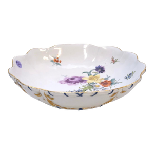 Late 19th Century Large Antique Meissen Floral Scalloped Porcelain Bowl With Gilt Accents