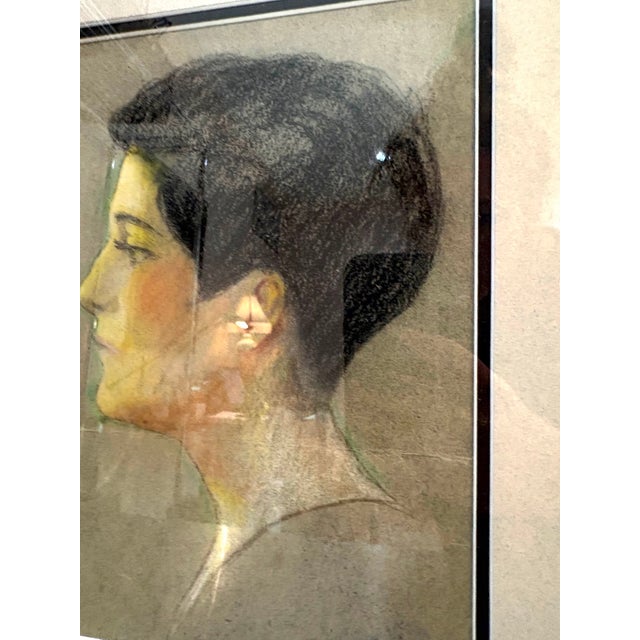 Mid-Century Modern 1960s Brunette Woman Profile Portrait Drawing For Sale - Image 3 of 3