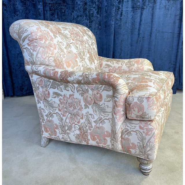 Hickory Chair Furniture Company Lounge Chair by Hickory Craft Chair With Orange and Creme Color Damask Fabric For Sale - Image 4 of 14