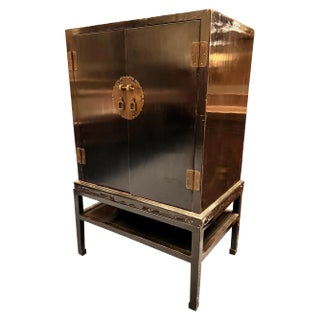 1990s Altfield Hong Kong Chinese Black Lacquer Wedding Cabinet on Stand For Sale