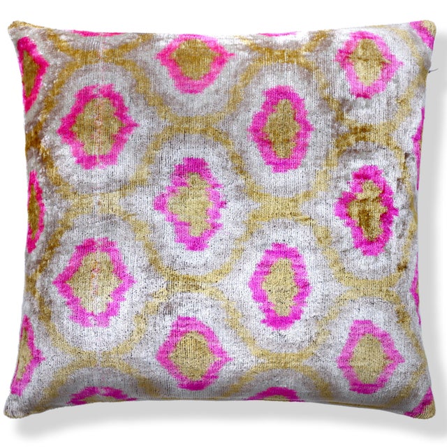 Pink Ikat Silk Velvet Pillow 20x20 | Handmade Luxury Designer Cushion For Sale - Image 4 of 7