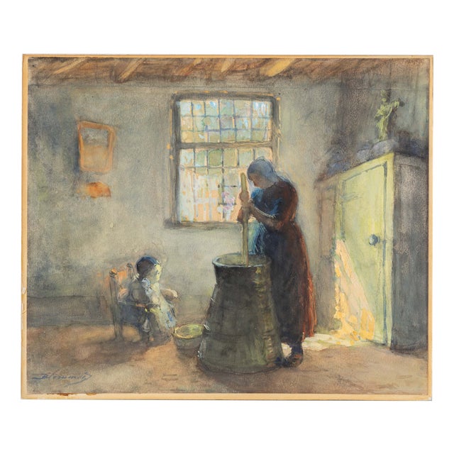 Dutch Genre Painting of a Peasant Woman Churning Butter, Hague School, by Bernard Blommers, circa 1890 For Sale
