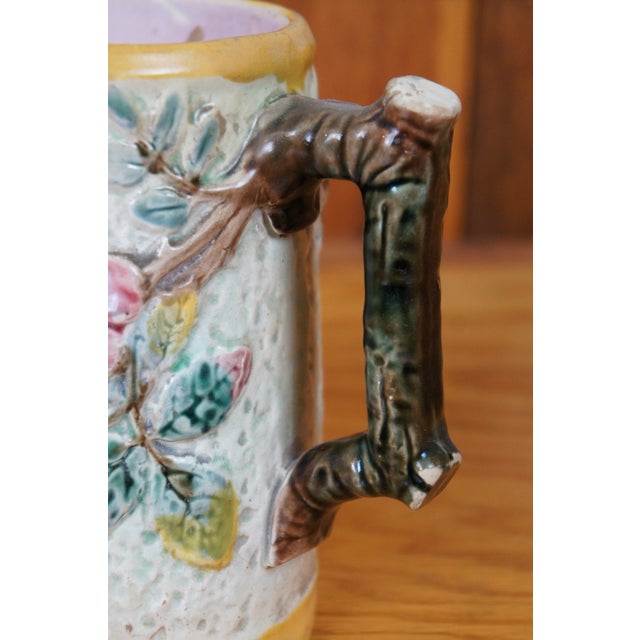 Ceramic Antique Majolica Shorter & Boulton Rustic Wild Rose Tree Bark Pitcher Jug For Sale - Image 7 of 11
