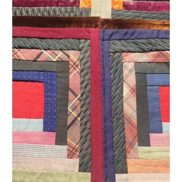 Folk Art 19thc Wool & Velvet Log Cabin Quilt For Sale - Image 3 of 9