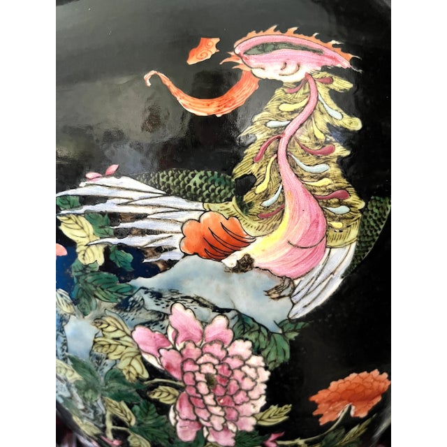 Nyonya Straits Chinese Porcelain Planters, Jardinieres, Famille Noire Black With Goldfish & Phoenix Birds, a Pair, Rosewood Stands, Early 20th Century For Sale - Image 10 of 12