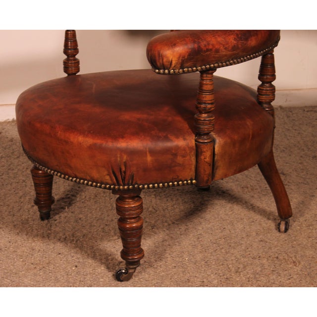 Small Vintage Armchair in English Cognac Mahogany and Leather, 1800s For Sale - Image 12 of 15