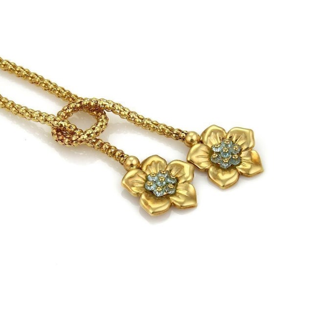 Contemporary Aquamarine Beads 18k Yellow Gold Fancy Flex Tube 2 Floral Tassel Necklace For Sale - Image 3 of 5