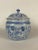 Round Chinese export porcelain pot with lid and modeled foo handle. Hand painted with traditional blue floral and vine...