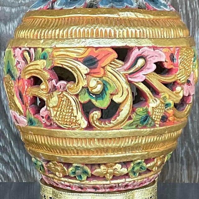 Vintage Boho Carved Wood Table Lamp For Sale - Image 12 of 13