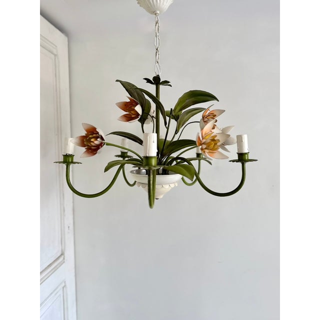 Metal Vintage French Painted Tole 5-Light Water Lily Chandelier, 1960s For Sale - Image 7 of 18