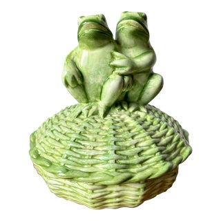 Italian Chartreuse Frogs on Faux Wicker Dish For Sale