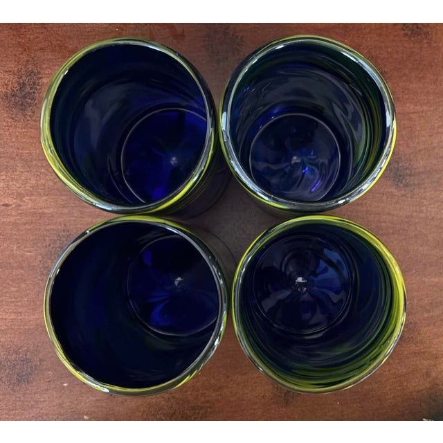 Late 20th Century Hand Blown Glass Tumblers – Set of 4 Cobalt Blue Swirl Cups – Modern Studio Art Glass Drinkware For Sale - Image 4 of 9