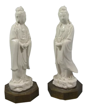 Antique Chinese Dehua Blanc De Chine Porcelain Standing Guanyin/Kwan Yin Statues - Set of 2