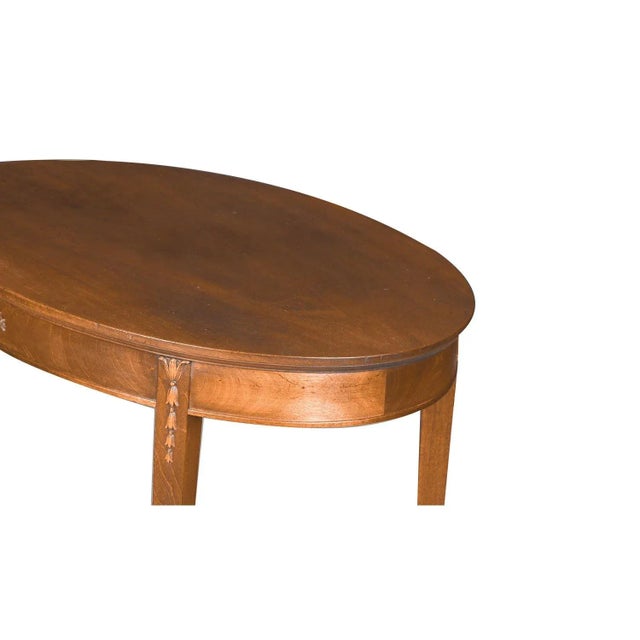 Early 20th Century Antique English Hepplewhite Carved Bellflower Mahogany Caned Oval Side Table For Sale - Image 10 of 12