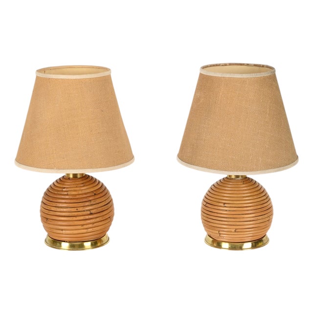 Mid-Century Modern Table Lamps in Rattan and Brass from Vivai Del Sud, Italy, 1970, Set of 2 For Sale