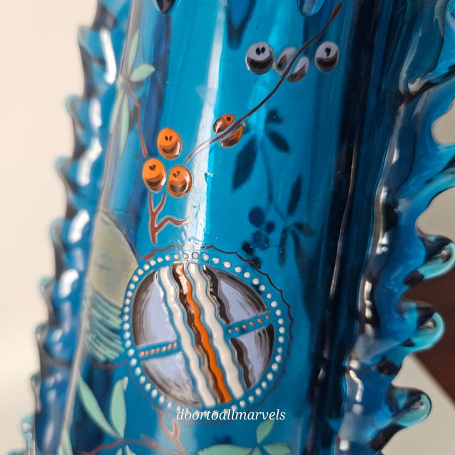 Auguste Jean Antique Blue Footed Vase Art Nouveau Enamel Paint Berries Tall 12" For Sale - Image 11 of 17