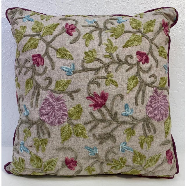 Square Pillow With. Pink and Lavender Embroidered Floral Pattern, Made in U K For Sale - Image 10 of 10