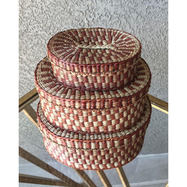 Farmhouse Circa 1970 Colorful & Artfully Handwoven Nested Trio of Oblong Lidded Grass Baskets For Sale - Image 3 of 12
